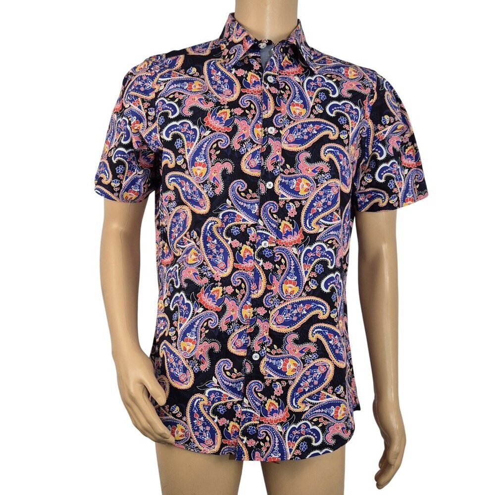 CREMIEUX PREMIUM DENIM Mens Size M Paisley Shirt Stretch Black Short Sleeve (54)